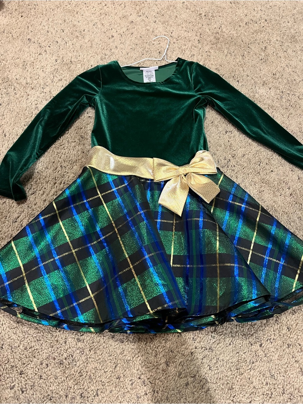 Bonnie Jean Emerald Green Velvet Plaid Holiday Dress with Gold Bow